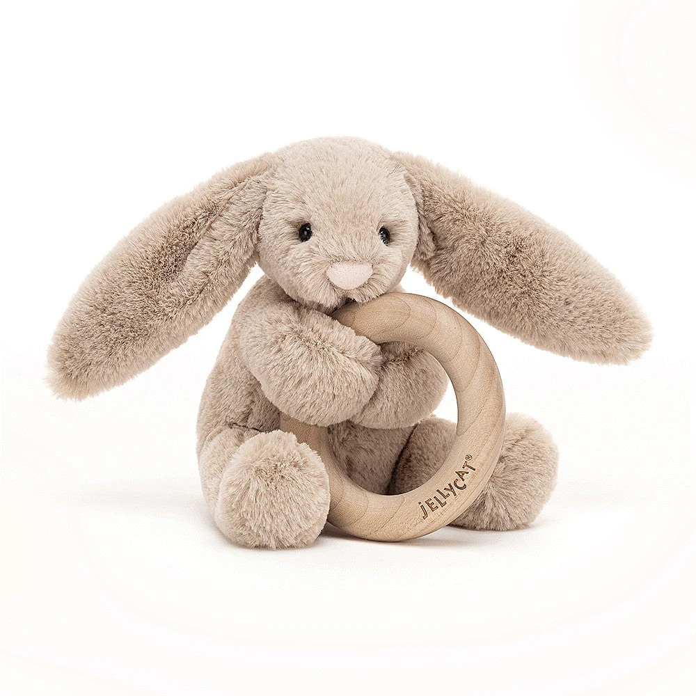 JellyCat Bashful Beige Bunny Wooden Ring Toy 1 JellyCat Bashful Beige Bunny Wooden Ring Toy