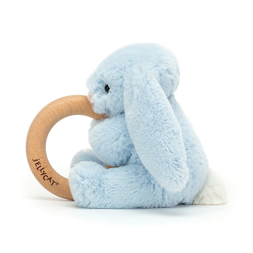 JellyCat Bashful Blue Bunny Wooden Ring Toy 2 JellyCat Bashful Blue Bunny Wooden Ring Toy - Image 2